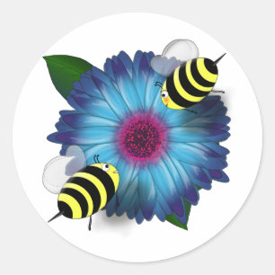 Cartoon Honey Bees Meeting auf Blue Blume Runder Aufkleber
