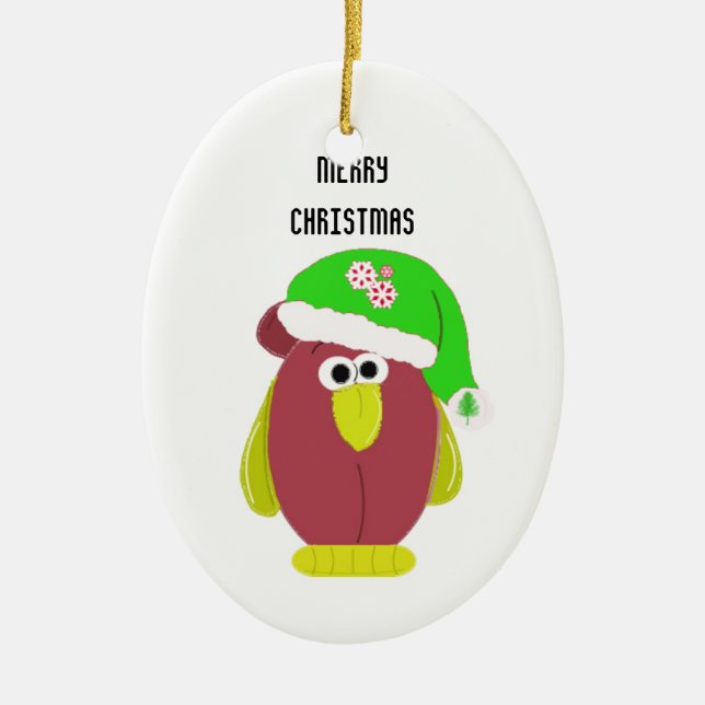 Cartoon Hühnchen in einer Weihnachtsmannmütze Keramik Ornament (Vorne)