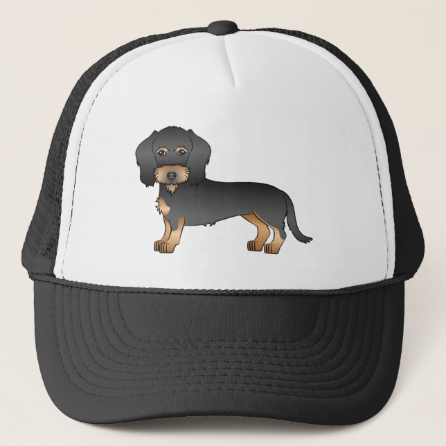 Cartoon-Hund mit Dackel aus Schwarz und Tan Wire Truckerkappe (Vorderseite)