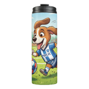 Cartoon-Hund spielt Fußball Thermosbecher