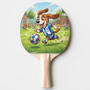 Cartoon-Hund spielt Fußball Tischtennis Schläger