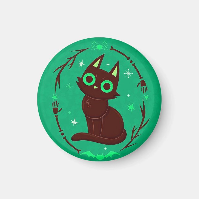 Cartoon Illustration eines Schwarzen Katzen Hallow Magnet (Vorne)