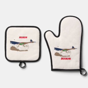 Cartoon-Illustration von Funny Roadrunner Ofenhandschuh & Topflappen-Set