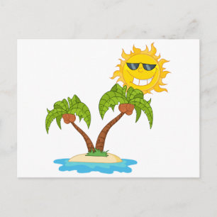 -Cartoon Island With Two Palm Tree And Cartoon Sun Postkarte