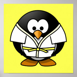 Cartoon Judo Penguin Gelber Hintergrund Poster