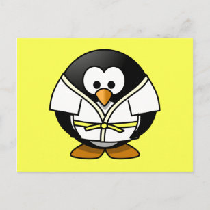 Cartoon Judo Penguin Gelber Hintergrund Postkarte