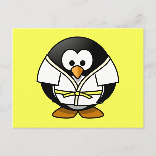 Cartoon Judo Penguin Gelber Hintergrund Postkarte (Vorderseite)