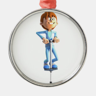 Cartoon-Junge auf einem Pogo Stock Silbernes Ornament