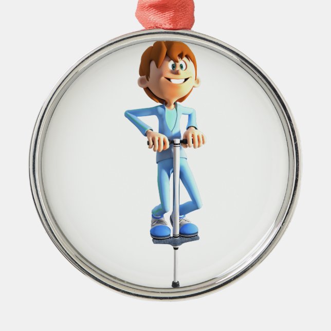 Cartoon-Junge auf einem Pogo Stock Silbernes Ornament (Vorne)