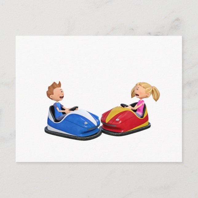 Cartoon Junge und Mädchen in Bumper Cars Postkarte (Vorderseite)