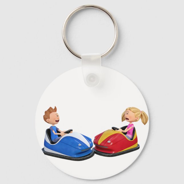 Cartoon Junge und Mädchen in Bumper Cars Schlüsselanhänger (Vorderseite)