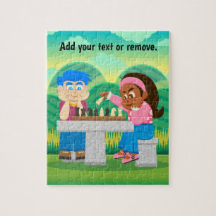 Cartoon, Junge und Schwarze, die im Freien Schach Puzzle