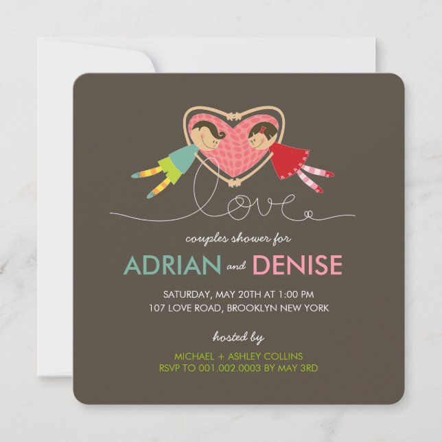 Cartoon-Jungen-Mädchen-Liebe-Herz verbindet Einladung (Vorderseite)