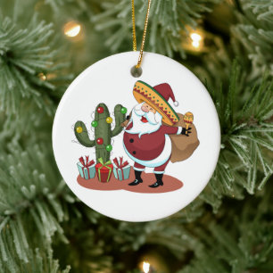 Cartoon Kakteen und Weihnachtsmann mit einem Sombr Keramik Ornament