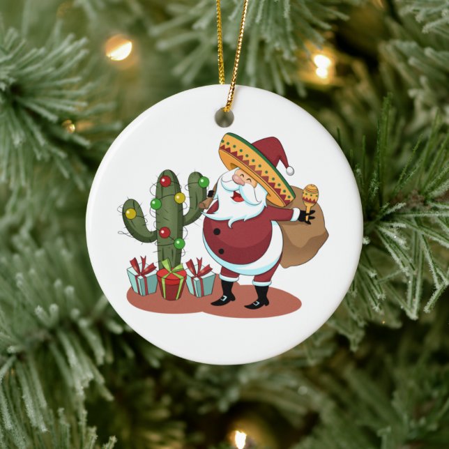 Cartoon Kakteen und Weihnachtsmann mit einem Sombr Keramik Ornament (Baum)