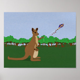 Cartoon Kangaroos Fliegen eines Drachens Poster