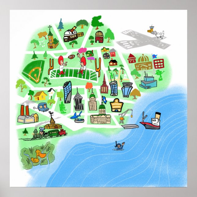 Cartoon-Karte einer imaginären Hafenstadt Poster (Vorne)