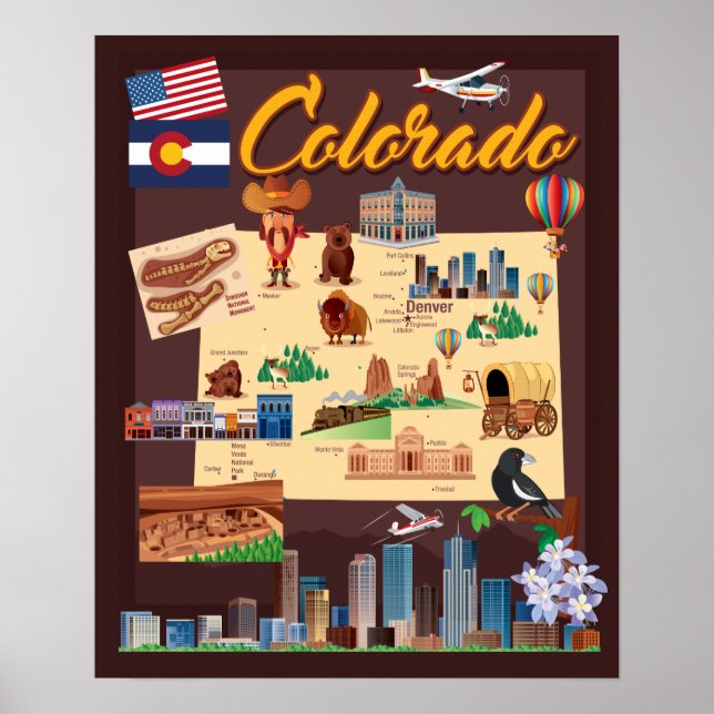 Cartoon Karte von Colorado Poster (Vorne)