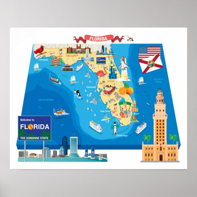 Cartoon Karte von Florida Poster (Vorne)