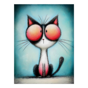 Cartoon Katze mit riesigen roten Augen Poster