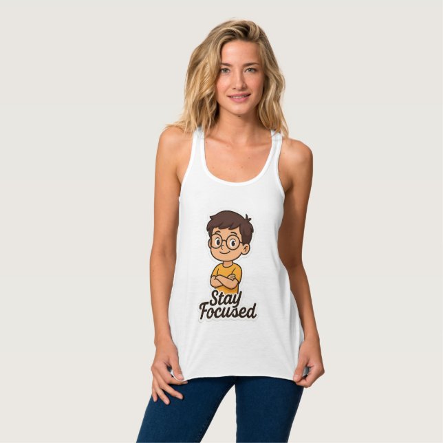 Cartoon Kid Sticker mit Brille - "Bleibe Fokussier Tank Top (Vorderseite Vollansicht)