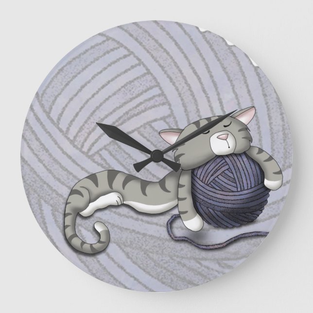 Cartoon Kitty mit Garnkugel Große Wanduhr (Vorderseite)
