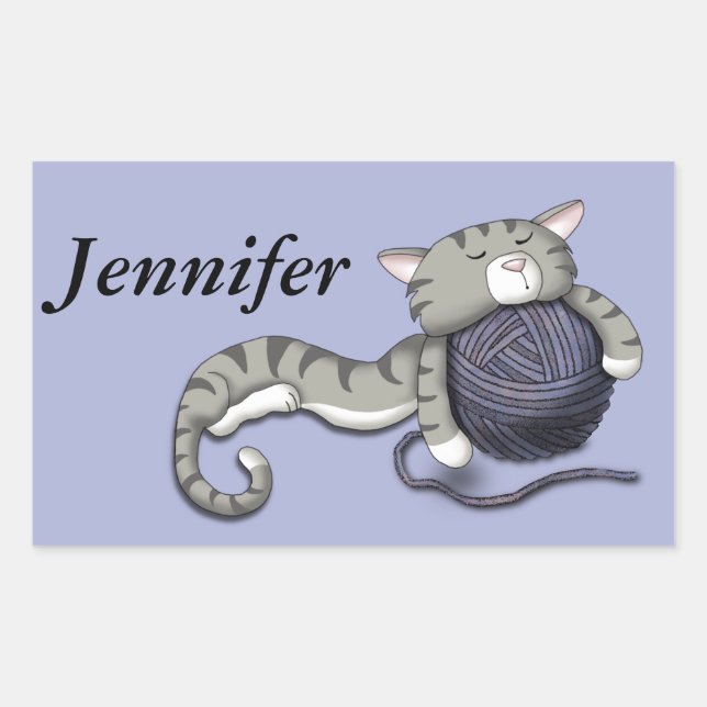 Cartoon Kitty mit Garnkugel Rechteckiger Aufkleber (Vorderseite)