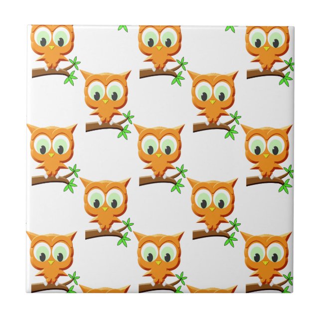 Cartoon Kleine Owl auf Zweigmuster Fliese (Vorderseite)