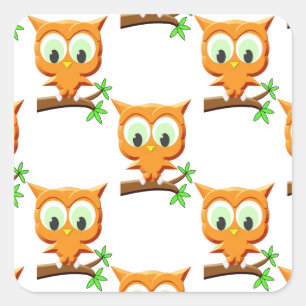 Cartoon Kleine Owl auf Zweigmuster Quadratischer Aufkleber