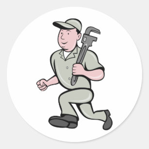 Cartoon Klempner mit Affenschlüssel laufen Runder Aufkleber