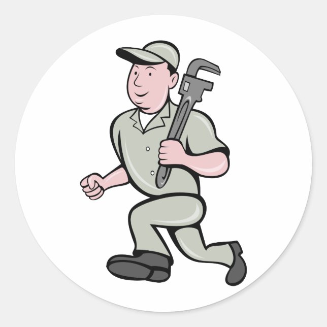 Cartoon Klempner mit Affenschlüssel laufen Runder Aufkleber (Vorderseite)