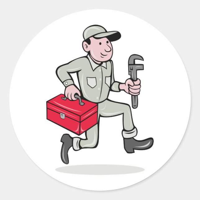 Cartoon Klempner mit Affenschlüssel laufen Runder Aufkleber (Vorderseite)