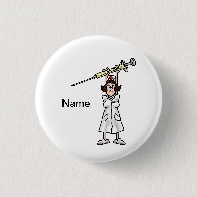 Cartoon-Krankenschwester, die Spritze über ihrem Button (Vorderseite)