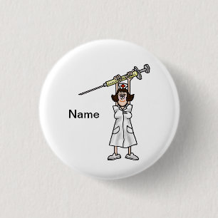 Cartoon-Krankenschwester, die Spritze über ihrem Button