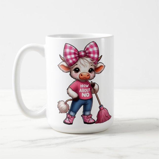 Cartoon Kuh in rosa Outfit mit Gingham Bow Kaffeetasse (Links)