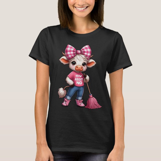 Cartoon Kuh in rosa Outfit mit Gingham Bow T-Shirt (Vorderseite)