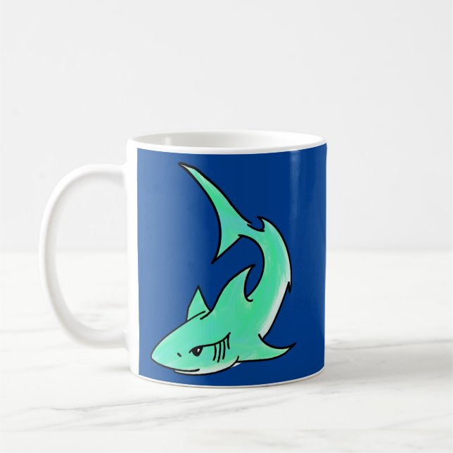 Cartoon lächelnd Hai Minze blaugrünes Ozeantier Kaffeetasse (Links)