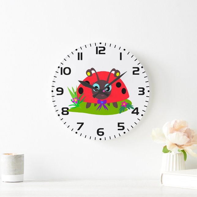 Cartoon Ladybug Bow und Blume Große Wanduhr (Von Creator hochgeladen)