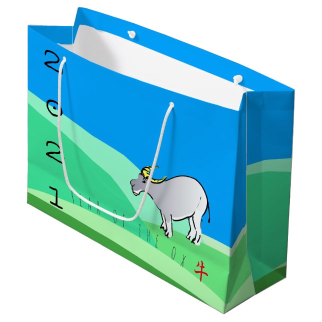 Cartoon Landscape Ox Chinesisches Neujahr Zodiac L Große Geschenktüte (Vorderseite Schrägansicht)