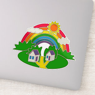 Cartoon Landschaft mit Regenbogen und Landhaus Aufkleber