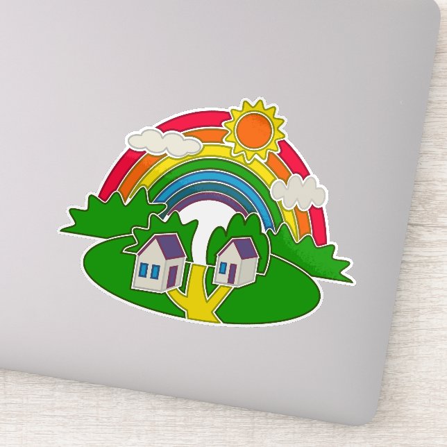 Cartoon Landschaft mit Regenbogen und Landhaus Aufkleber (Detail)
