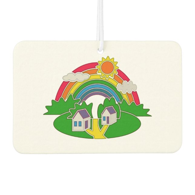Cartoon Landschaft mit Regenbogen und Landhaus Autolufterfrischer (Vorderseite)