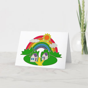 Cartoon Landschaft mit Regenbogen und Landhaus Dankeskarte