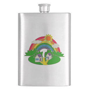 Cartoon Landschaft mit Regenbogen und Landhaus Flachmann