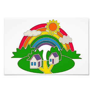 Cartoon Landschaft mit Regenbogen und Landhaus Fotodruck