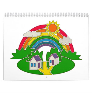 Cartoon Landschaft mit Regenbogen und Landhaus Kalender