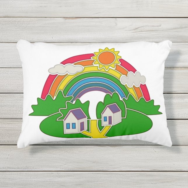 Cartoon Landschaft mit Regenbogen und Landhaus Kissen Für Draußen (Vorderseite)