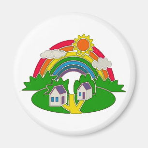 Cartoon Landschaft mit Regenbogen und Landhaus Magnet