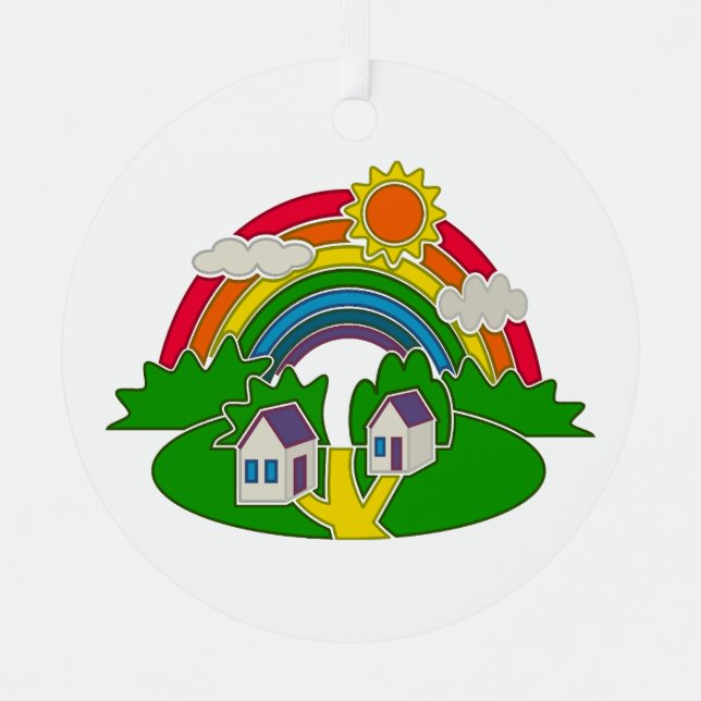 Cartoon Landschaft mit Regenbogen und Landhaus Ornament Aus Metall (Vorderseite)