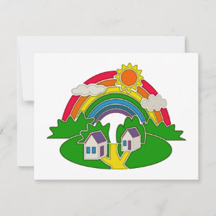 Cartoon Landschaft mit Regenbogen und Landhaus RSVP Karte